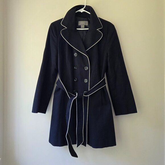 ANN TAYLOR Trench Coat | Large | Navy Blue, Double Breasted, Belt Lined Trim - Picture 1 of 10